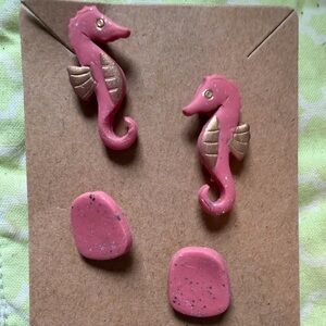 Pink and Gold Seahorse Handmade Polymer Clay Earrings Set